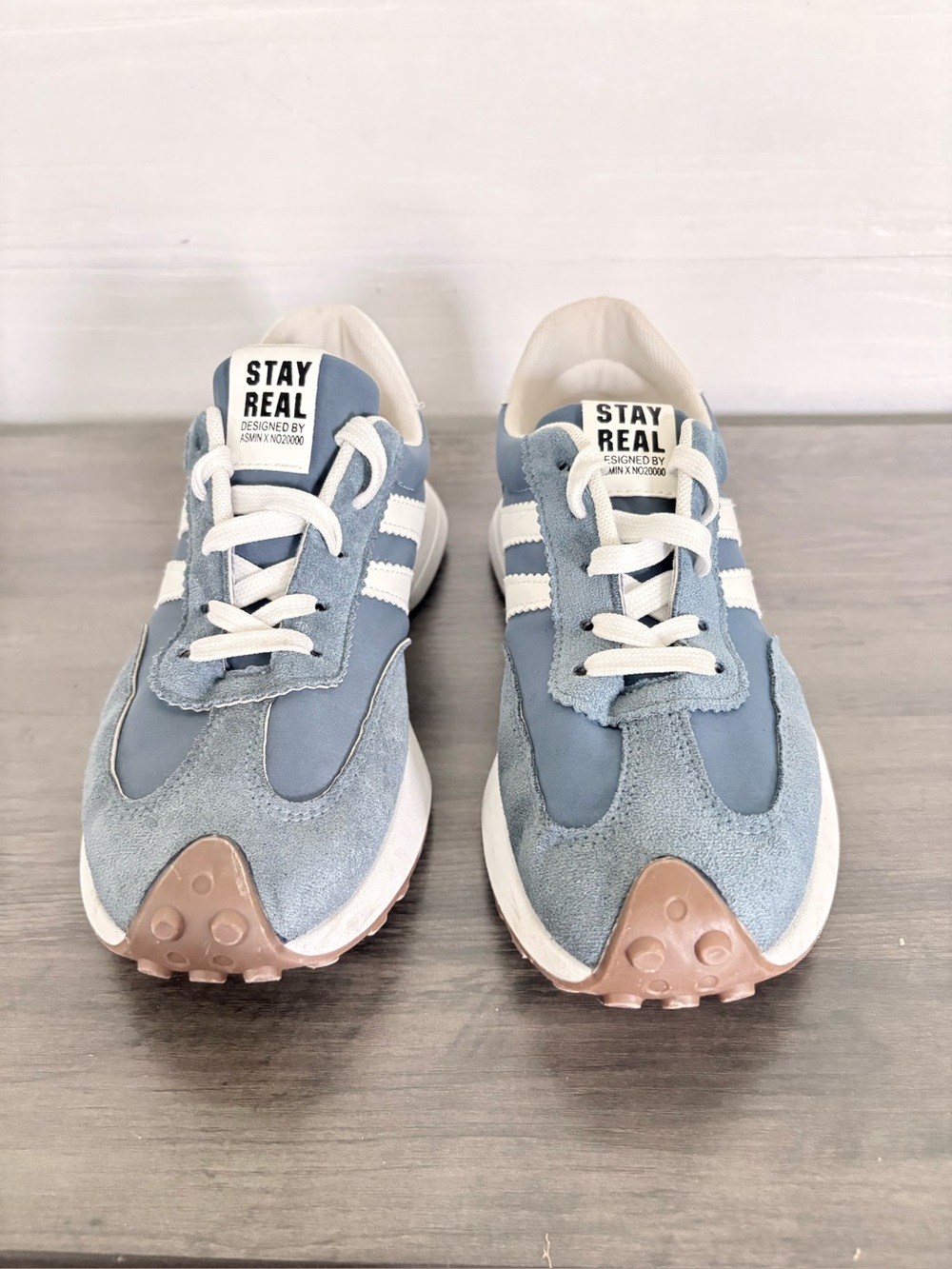 “Stay Real" blue suede and nylon lace-up sneakers